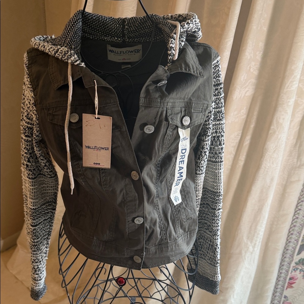 Wallflower Olive Green Hooded Jean Jacket with Black & White Knit Sleeves